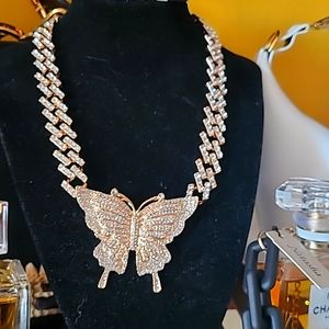 Butterfly crystal stud chain necklace